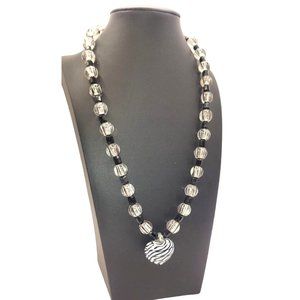 Black and White Glass Striped Heart Beaded Toggle Necklace